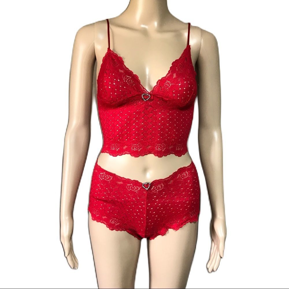 Red lattice weave lace valentines rhinestone hearts chemise and panties set Sm